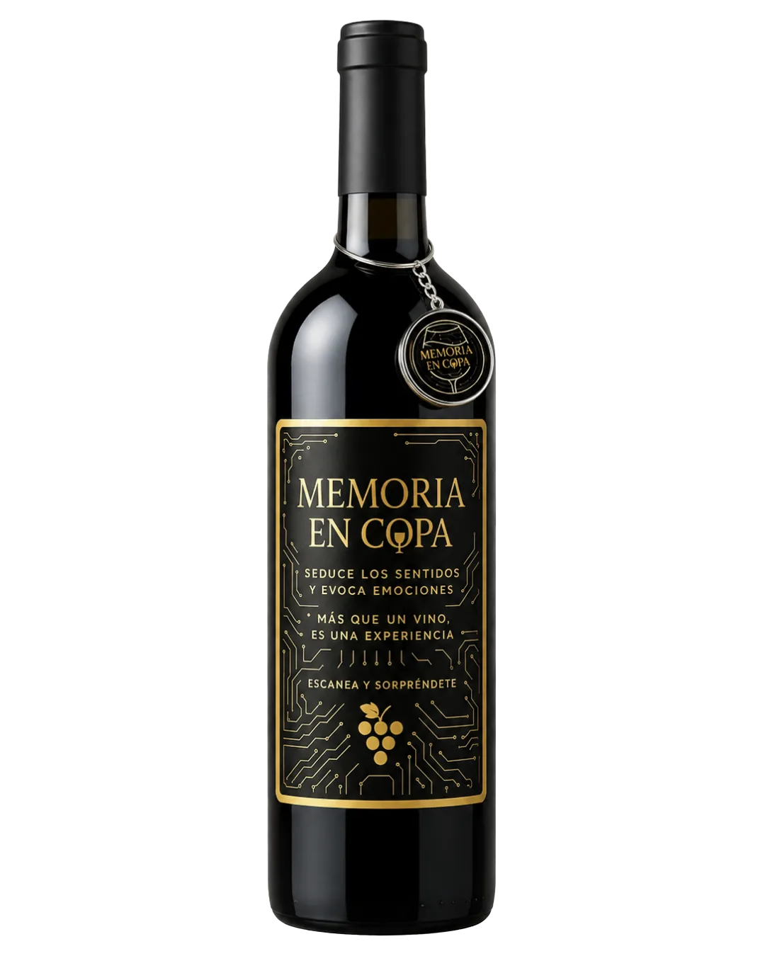Memoria en Copa · Edición Íntima · botella con etiqueta dorada y charm K8Z